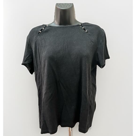 Rafaella Women’s Black Short Sleeve Top Large Beaded Shoulder Tee Shirt - Picture 1 of 5